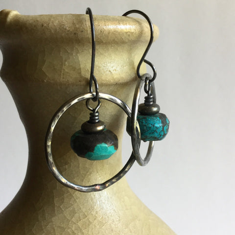 Turquoise Hammered Hoop Earrings