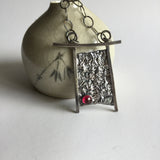 Torii Gate Style Necklace in Reticulated Silver with Lab Ruby