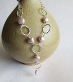 Mauve Pearl Necklace with Hammered Sterling Silver Hoops
